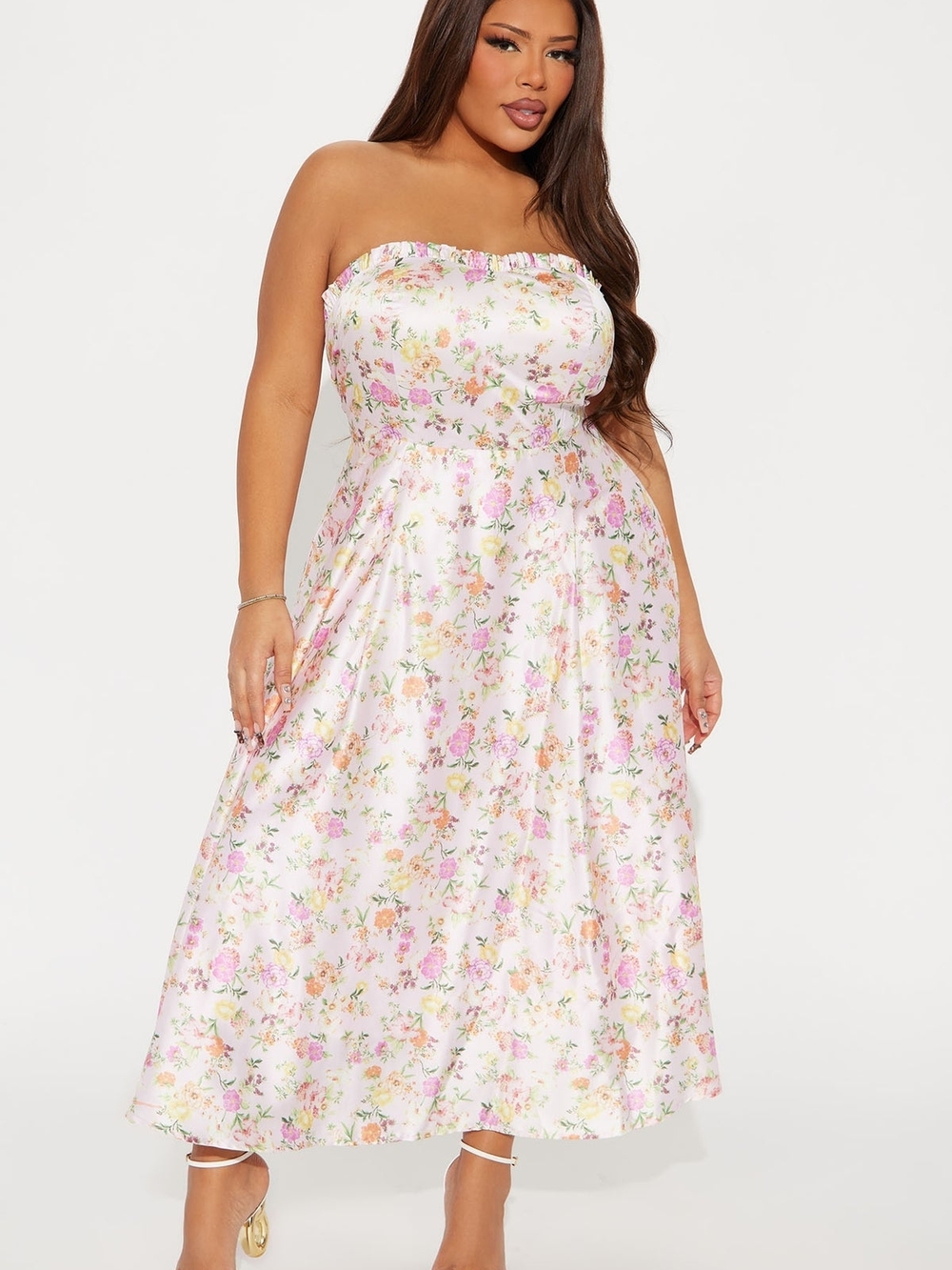 Strapless Floral Midi Dress in Light Pink